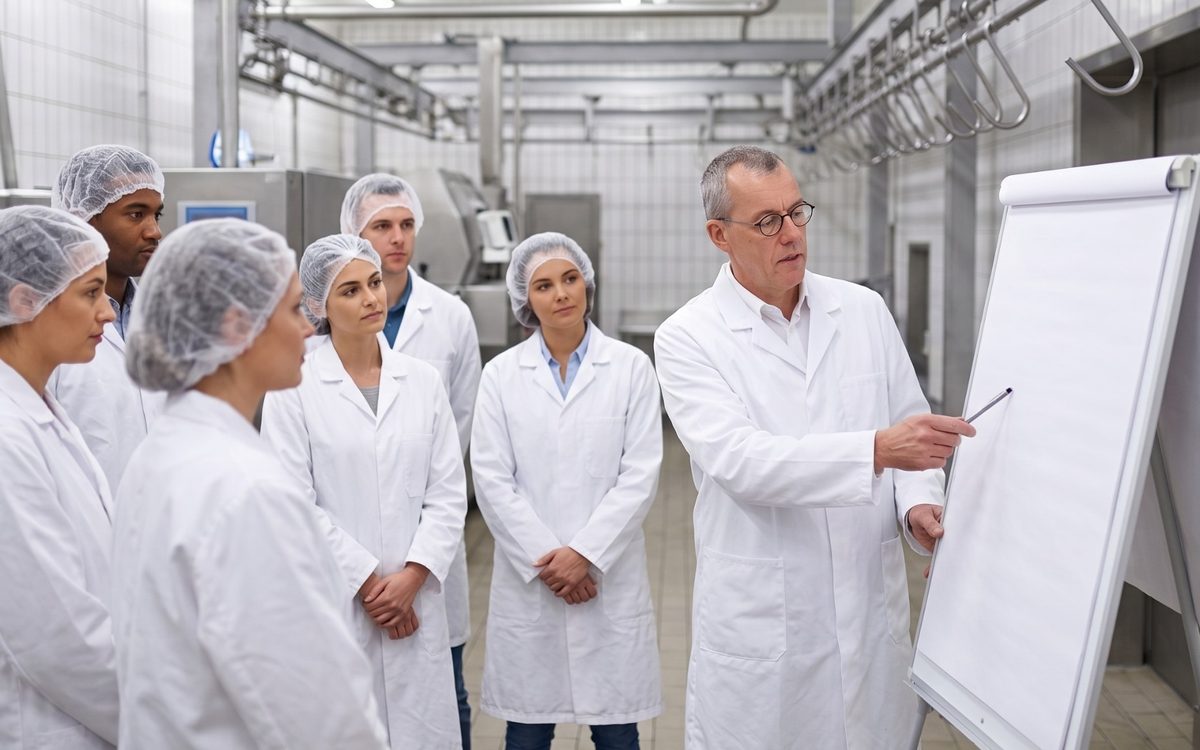 Schulung von Mitarbeitenden in Hygienekleidung in einem Produktionsbetrieb (KI-generiertes Bild)